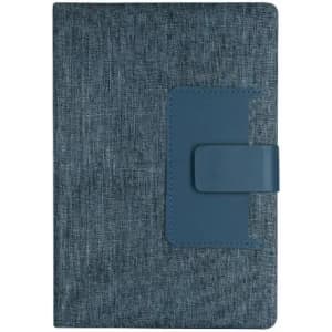 A notebook with a textured blue cover and a blue clasp closure. The notebook has a sleek and modern design.