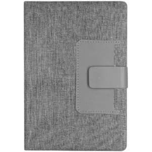 A grey notebook with a textured cover and a grey clasp, featuring a logo on the front.