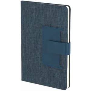 A notebook with a navy blue fabric cover, featuring a band for closure and a pocket on the front.