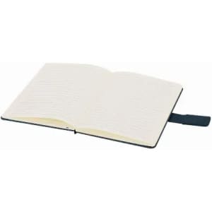 An open notebook with lined pages and a blue ribbon bookmark, featuring a dark cover.