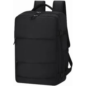A black backpack with multiple compartments and padded shoulder straps, featuring a zippered closure and sleek design.
