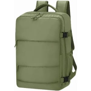 A green backpack with padded sections, adjustable straps, and multiple exterior pockets. It features a logo.