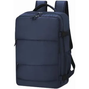 A backpack in navy blue, featuring multiple compartments and adjustable straps, with a plain design.