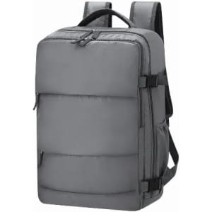 A grey backpack with adjustable straps, featuring multiple pockets and a sleek, padded design.