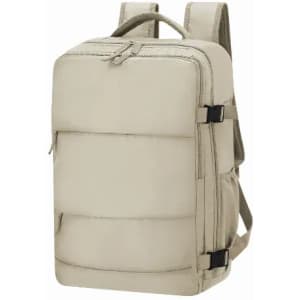 A backpack in a light beige colour featuring adjustable straps and multiple compartments. It has a logo on the front.