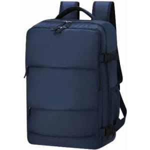 A backpack in navy blue with padded sections and adjustable straps. It features a zipper closure and has branding.
