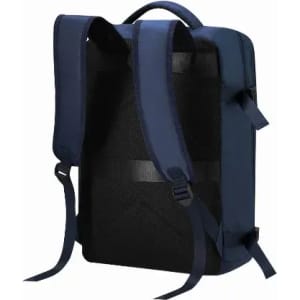 A backpack featuring dark blue fabric with adjustable straps and a mesh back for breathability.