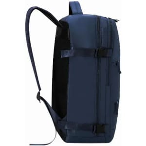 A blue backpack with padded straps and multiple compartments, featuring a side view to highlight the design.
