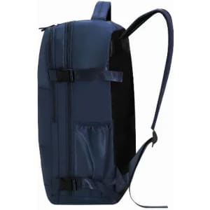 A navy blue backpack with multiple compartments and adjustable straps, featuring a simple design.