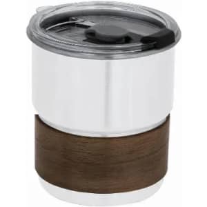 A drink bottle with a stainless steel body and a wooden band, featuring a transparent lid and a black closure.