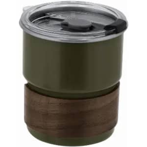 A drink bottle featuring an olive green body with a wooden base and a transparent lid. It has a logo on the side.