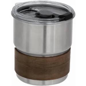 A drink bottle made of stainless steel with a wooden base and a clear lid. It has a sleek, modern design.