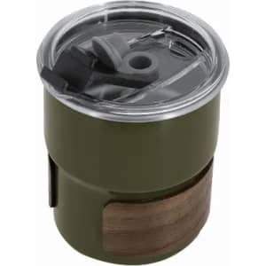 A drink bottle in olive green with a wooden band and a clear lid featuring a reusable straw opening.