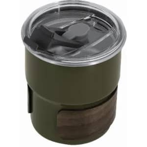 A drink bottle in olive green with a wooden accent and a clear lid featuring a straw and sealing mechanism.