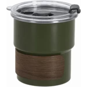 A drink bottle in olive green with a wood-textured band and a clear lid featuring a black stopper.