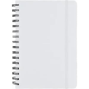 A white spiral-bound notebook with a soft cover and an elastic band. It features multiple metal rings.