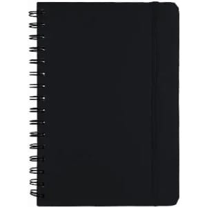 A black spiral-bound notebook featuring a plain cover with an elastic band. It has a simple, minimalist design.