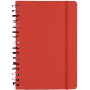 A red spiral-bound notebook with an elastic band closure and a plain front cover.