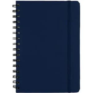 A navy blue spiral-bound notebook with a flexible cover and a black elastic band closure.