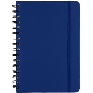 A blue spiral-bound notebook featuring a plain cover and an elastic closure band.