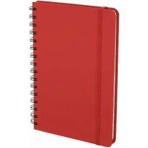 A red spiral-bound notebook with an elastic band closure and blank pages. It also features a logo on the cover.