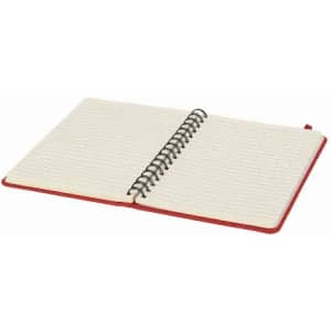 A notebook with a red cover, featuring lined pages and a spiral binding.