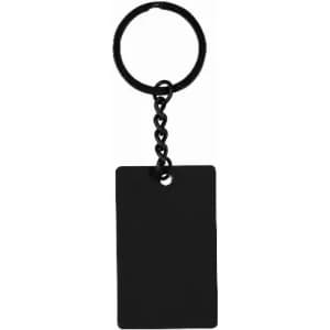 A black keychain with a rectangular tag attached by a chain. The keychain has a round loop.