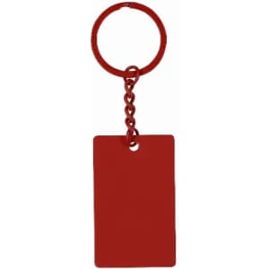 A red key ring with a rectangular tag attached by a chain link. The tag has no visible markings.