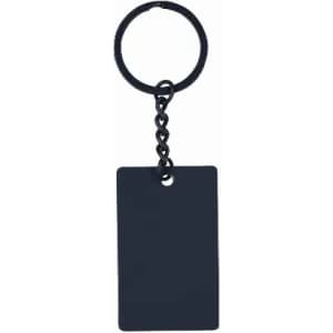 A black keychain featuring a rectangular tag attached to a round ring with a chain link.
