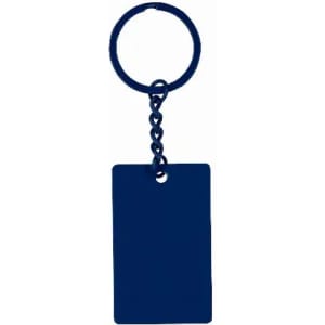 A keychain featuring a rectangular tag in navy blue with a circular attachment. The tag is solid with no design.