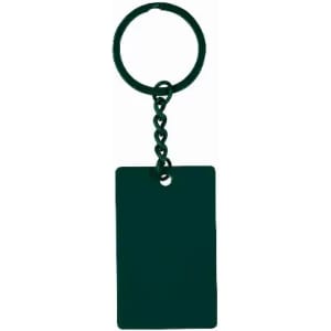 A green keyring with a rectangular tag attached, featuring a small hole for attachment.