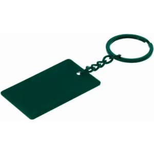 A keychain with a rectangular green tag attached to a metal ring.
