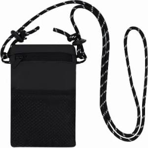 A small black pouch with a textured bottom and adjustable strap, featuring a top zippered compartment.