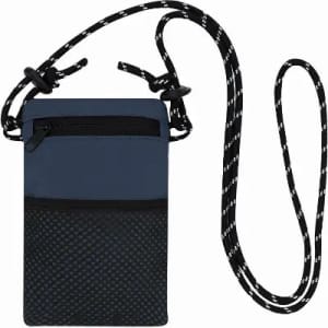 A portable pouch in navy blue and black, featuring a zippered pocket and a black patterned base with a strap.