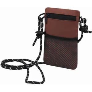 A compact crossbody pouch with a brown top and patterned black lower section, featuring a long adjustable strap.