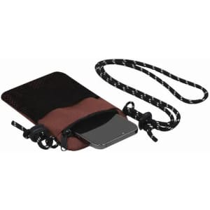 A phone pouch in brown with a black mesh top and a detachable strap. Suitable for carrying a smartphone.