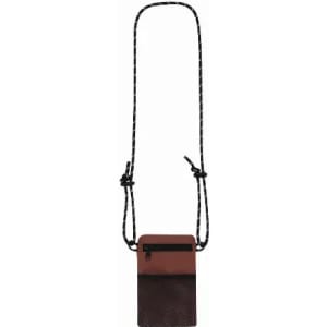 A brown and black crossbody pouch with a rope strap and front zip pocket, featuring a simple logo.
