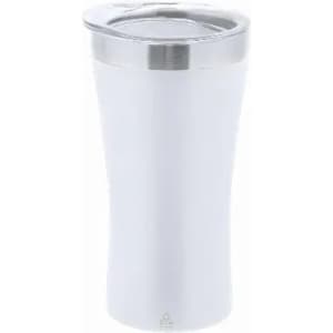 A drink bottle with a sleek white body and a silver lid. Features a logo on the front.
