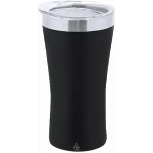 A drink bottle in black with a silver lid, featuring a smooth, curved design and a logo.