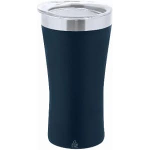 A drink bottle in navy blue with a stainless steel lid and a sleek, modern design.