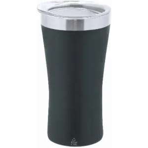 A drink bottle with a sleek black body and a silver lid, featuring a stainless steel design.