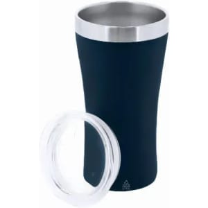 A drink bottle with a navy blue exterior and stainless steel trim, accompanied by a clear, removable lid.