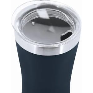 A drink bottle with a dark blue exterior and a silver stainless steel rim, featuring a clear, openable lid.