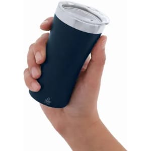 A drink bottle in a hand, featuring a sleek black body and a silver lid. It has a logo on the surface.