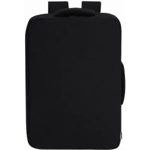 A black backpack with padded handles and a minimalist design. It features a logo on the side.