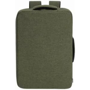 A backpack in a muted olive green fabric with two shoulder straps and a top handle, featuring a side pocket.