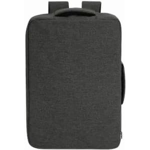 A dark grey backpack with a textured fabric finish, featuring two adjustable straps and a handle on top.