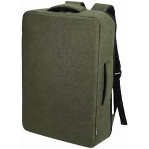 A backpack in olive green fabric with padded sides and adjustable straps, featuring a top handle.