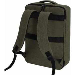 A backpack in olive green with black straps and a zip closure, featuring a simple, sleek design.