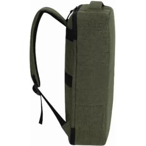 A green backpack featuring a sleek design and adjustable straps, with a zippered closure and a side view.